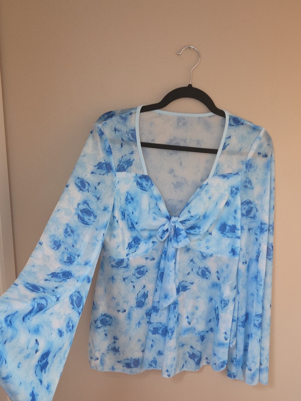 Light Blue Tie-Front Sheer Floral Sleep Top